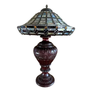 Antique 19th Century Hand Carved Mahogany Wood Table Lamp With Tiffany Style Shade