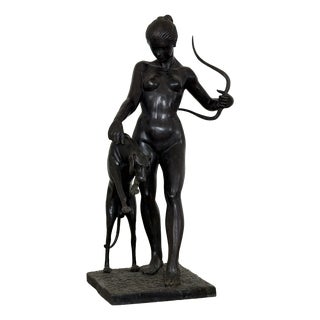 Nude Figure of Diana the Huntress with Greyhound, Late 20th Century, Bronze For Sale