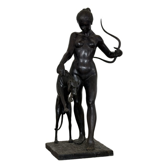 Nude Figure of Diana the Huntress with Greyhound, Late 20th Century, Bronze For Sale