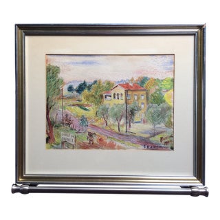 1949 Vintage David Burliuk French Countryside Watercolor Drawing For Sale