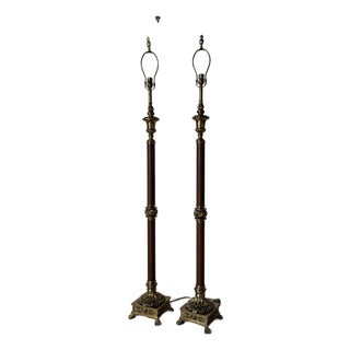 Vintage Neoclassical Style Brass & Leather Column Floor Lamps — A Pair For Sale