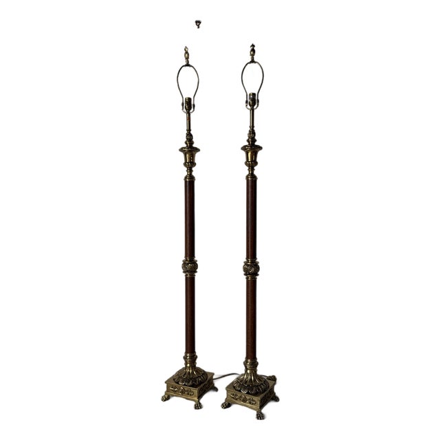 Vintage Neoclassical Style Brass & Leather Column Floor Lamps — A Pair For Sale