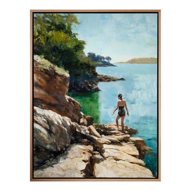 Contemporary Into the Reflections by Jon Doran | Oil on Panel Swimmer on Sunlit Rocks by the Sea For Sale