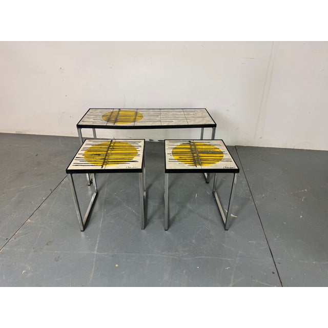 Metal Vintage Chromed Steel and Ceramic Belarti Coffee Table with Side Tables by Juliette Belarti, 1960s, Set of 3 For Sale - Image 7 of 11