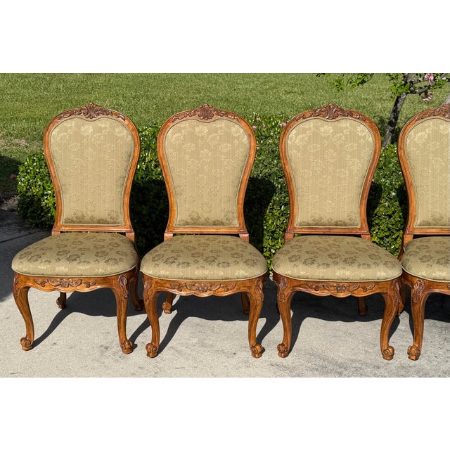 Textile Century Furniture French Provincial Carved Wood Dining Chairs With Olive Damask Upholstery, Set of 6 For Sale - Image 7 of 12