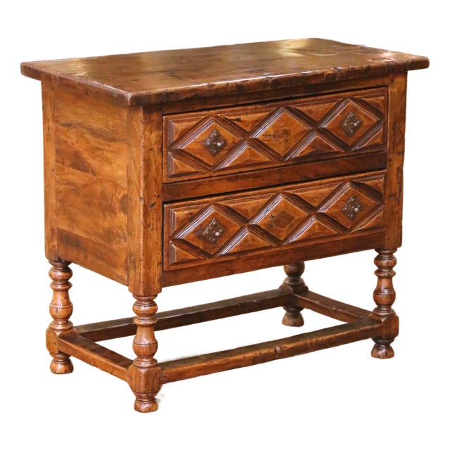 19th Century Spanish Walnut Two-Drawer Chest With Diamond-Pattern Carving For Sale