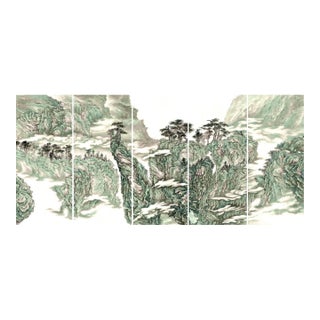36" * H100"/Panel* 5ps, Chinese Traditional Green Landscape Gongbi Painting Wallpaper, 5 Panels For Sale