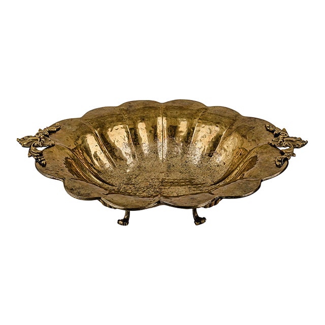 Vintage Antique Hammered Brass Rococo Revival Footed Bowl For Sale