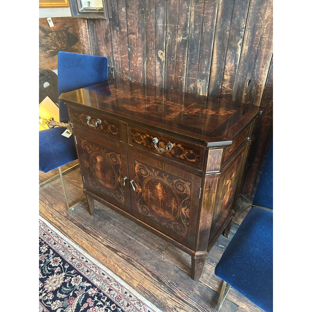 Elegant marquetry style neoclassical cabinet credenza by Decorative Crafts having beautiful scroll and urn decoration, two...