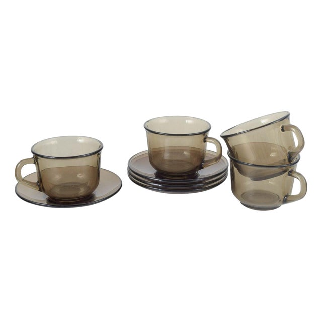 Smoked Glass Cups and Four Saucers by Vereco, France, 1970s, Set of 8 For Sale