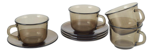 Smoked Glass Cups and Four Saucers by Vereco, France, 1970s, Set of 8