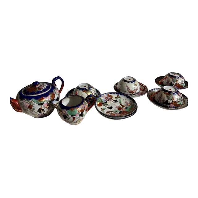 Antique Kutani Geisha Girl Tea Set, Rare, Thick Paint, 22kt Gold Trim, Marked For Sale