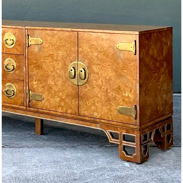 Camel Vintage Boho Mastercraft Burl Wood Ming Credenza For Sale - Image 8 of 12