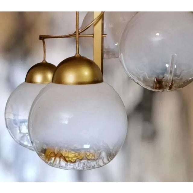 Satin-Finished Brass and Murano Glass Chandelier attributed to Mazzega, 1965 For Sale - Image 12 of 13