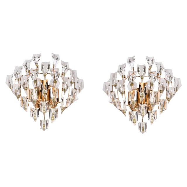 Crystal & Gold Plated Wall Lights by Oscar Torlasco for Stilkronen, 1970s, Set of 2 For Sale