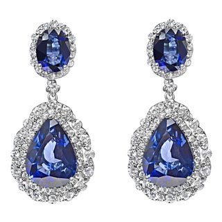 18K White Gold Blue Sapphire 2 3/4 Cttw Diamond Halo Drop Dangle Earring (G-H Color, SI1-SI2 Clarity) For Sale