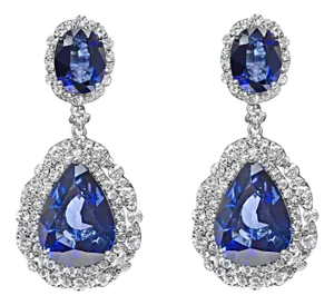 18K White Gold Blue Sapphire 2 3/4 Cttw Diamond Halo Drop Dangle Earring (G-H Color, SI1-SI2 Clarity)