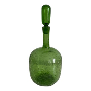 Vintage Blenko 657m Crackle Glass Decanter by Joel Philip Myers - Large Green Art Glass For Sale