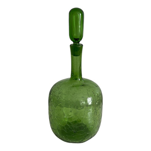 Vintage Blenko 657m Crackle Glass Decanter by Joel Philip Myers - Large Green Art Glass For Sale
