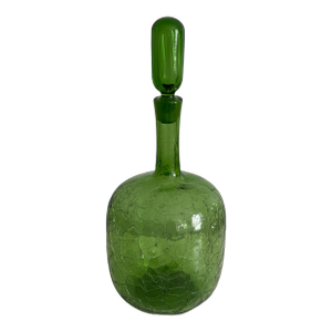 Vintage Blenko 657m Crackle Glass Decanter by Joel Philip Myers - Large Green Art Glass