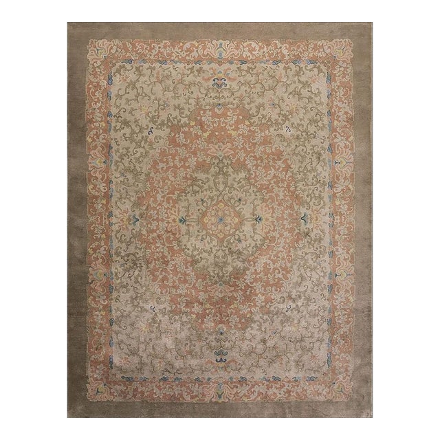 1920s Tan Sand Floral Layered Oriental Antique Chinese Art Deco Rug 9' X 11' 9'' For Sale