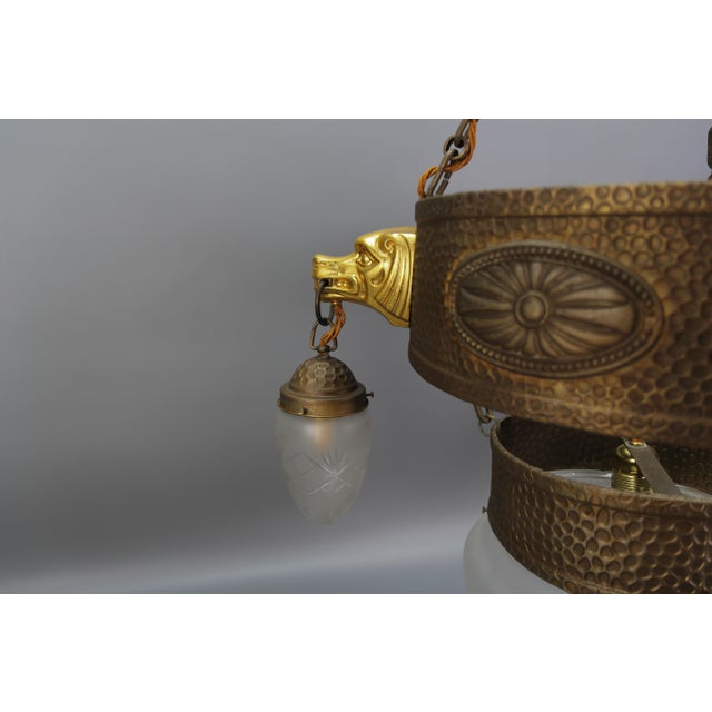 German Art Deco Metal and Frosted Glass Chandelier with Dog Heads, 1930s For Sale - Image 10 of 18