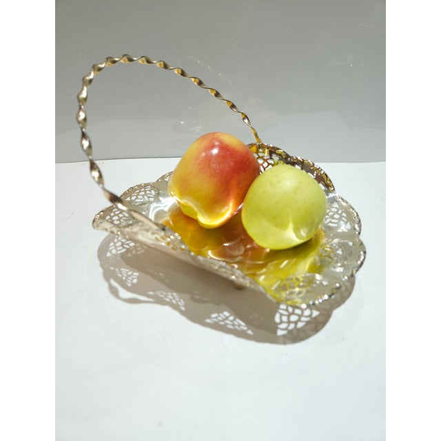 1960s Silver Plated Brass Swing Handle Basket Dish For Sale - Image 6 of 11