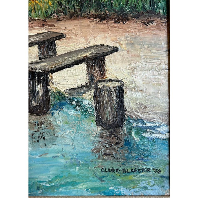 Vintage 1959 Impressionist Oil Painting of a Coastal Beach Village in Carved Wood Frame For Sale In Philadelphia - Image 6 of 8