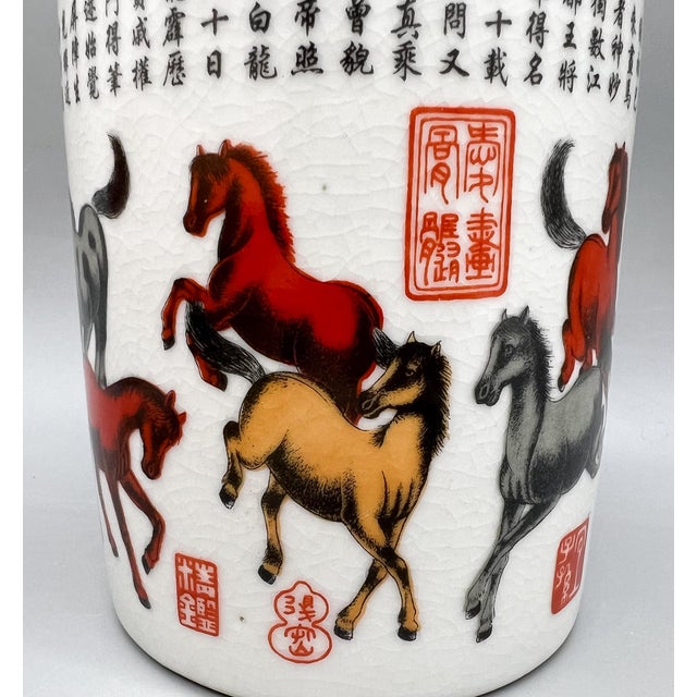Vintage Chinese Porcelain Brush Pot With Eight Horses Motif & Calligraphy — Chinoiserie / Asian Traditional For Sale - Image 10 of 14