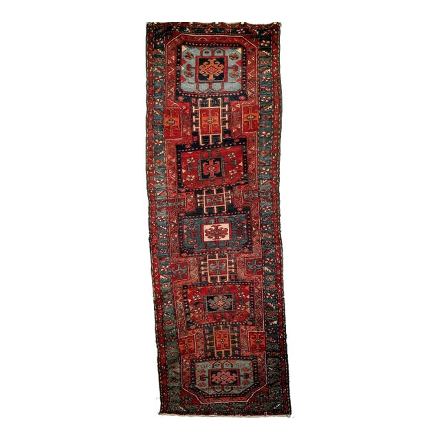 Antique Northwest Persian Runner Rug, Hand-Knotted Wool, Geometric Medallions Pattern, 3x10, Blue & Red For Sale