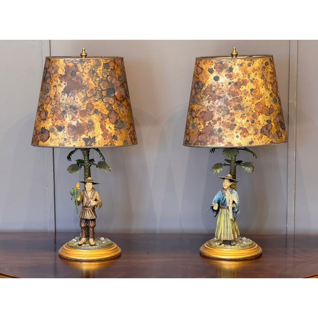 Mid 20th Century Pair of Cold Painted Bronze Figural Lamps With Mottled Paper Shades For Sale - Image 5 of 16