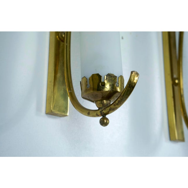 1950s Sconces in Brass and Triplex Opaline Glass in the style of Arredoluce, Italy, 1950s, Set of 3 For Sale - Image 5 of 13