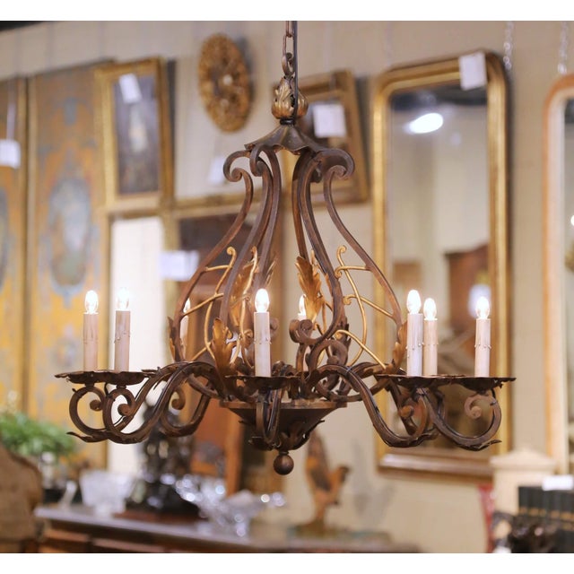 French Mid Century French Louis XV Verdigris & Gilt Wrought Iron Eight-Light Chandelier For Sale - Image 3 of 10