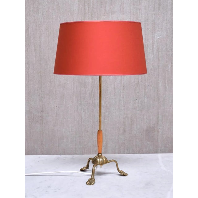 1940s Edvard Hagman Table Lamp in Brass, Elm and Vermillion Shade, Sweden, 1940s For Sale - Image 5 of 12