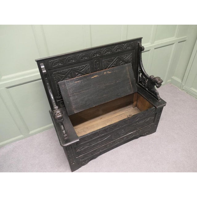 Wood Carved Oak Box Settle with Geometric Design, Early 19th Century For Sale - Image 7 of 8
