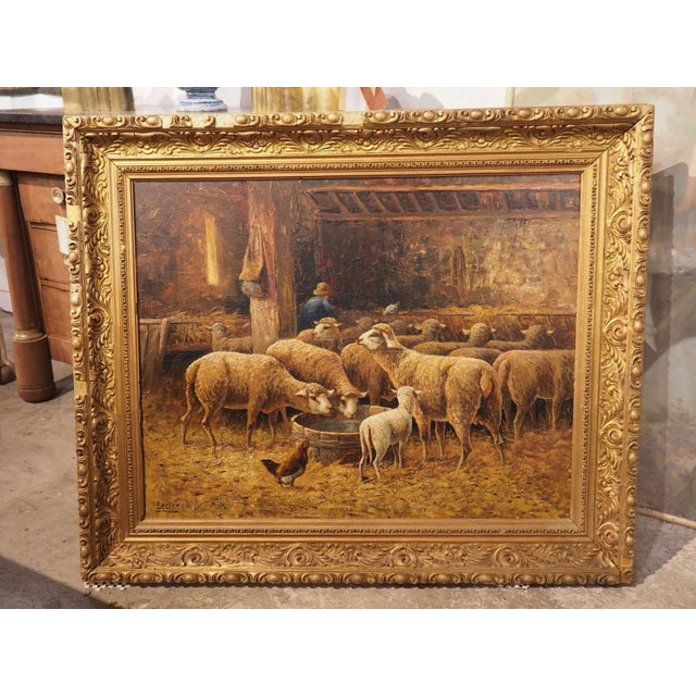 19th Century French Oil on Canvas Painting, “In the Sheepfold”, Signed Lecler For Sale - Image 13 of 13