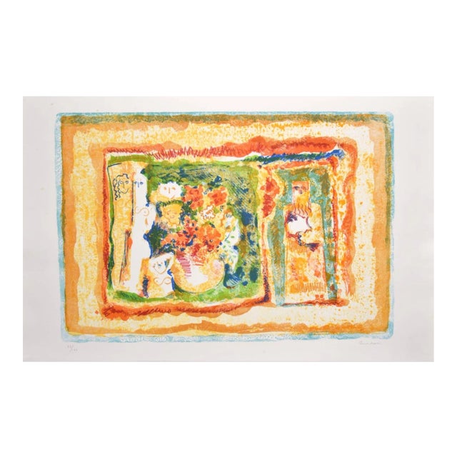 Sami Burhan, Figure With Flowers, Lithograph, 1969 For Sale