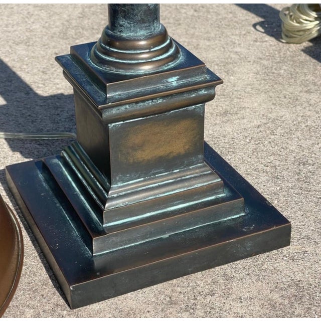 Late 20th Century Visual Comforts Patinated Bronze Neo Classical Empire Brass Shade Table Lamps For Sale - Image 5 of 10