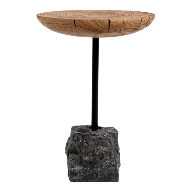 Charcoal Stone & Wood Slice Side Table For Sale