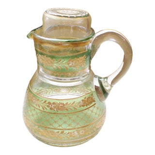 Vintage Czechoslovakia Green & Gold Etched Glass Water Carafe With Cup For Sale