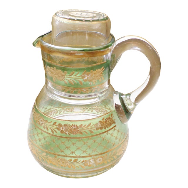 Vintage Czechoslovakia Green & Gold Etched Glass Water Carafe With Cup For Sale