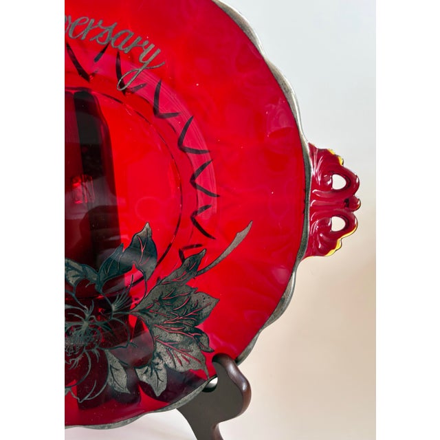 Glass Vintage 40th Anniversary Ruby Red Glass Handled Plate With Silver Floral Overlay, 13” For Sale - Image 7 of 9