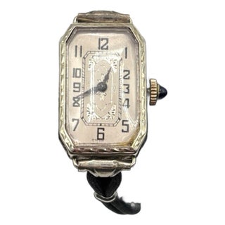 1920s Art Deco 14k White Gold Filled Womens Watch W/ Silk Cord For Sale