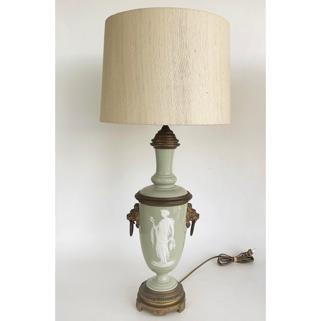 Late 19th Century Late 19th Century French Celadon Pâte-Sur-Pâte Porcelain Lamps With Custom Shantung Silk Shades - a Pair For Sale - Image 5 of 18