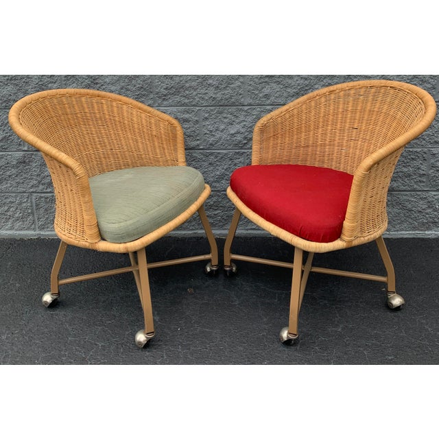 Vintage Natural Woven Wicker Barrel Chairs on Casters - Set of 2 For Sale In Charleston - Image 6 of 11