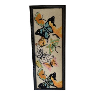 Vintage Framed Butterfly Embroidered Crewel Work For Sale