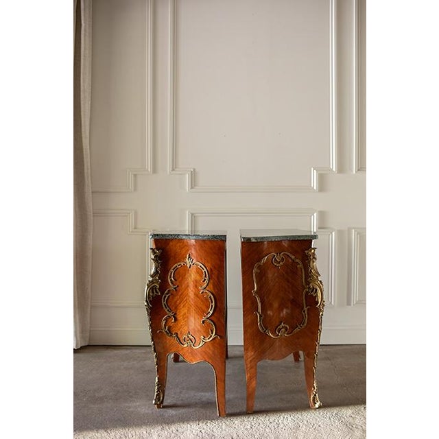Pair Vintage French Louis XV Bombé Chests, Marble Top Commode Nightstands For Sale - Image 14 of 18