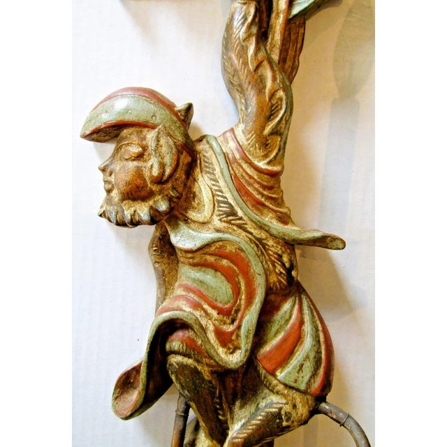 Wood 1920s Polychrome Hand Carved Wood and Iron Monkey Wall Sconces - a Pair For Sale - Image 7 of 17
