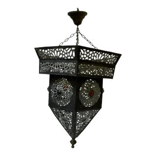 Vintage Moroccan Lantern With Brass Details – 27” Decorative Hanging Light Fixture For Sale