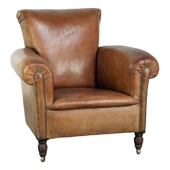 Antique English Sheepskin Armchair For Sale